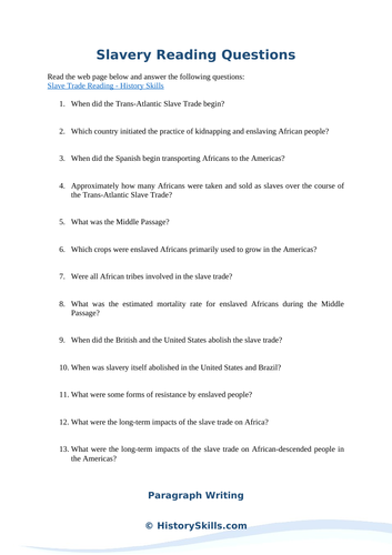 Trans-Atlantic Slavery Reading Questions Worksheet