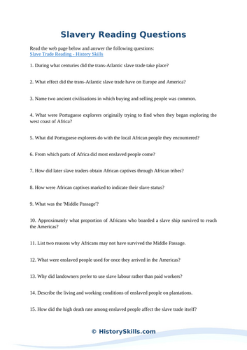 Trans-Atlantic Slavery Reading Questions Worksheet