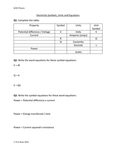 Electricity Symbols, Units and Equations - GCSE Physics