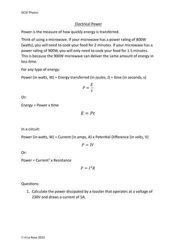 Electrical Power Calculations - GCSE Physics