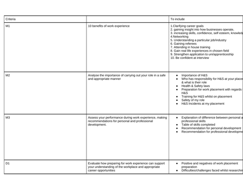 BTEC Business Unit 27 Work Experience - Merit & Distinction grid