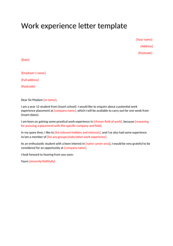 BTEC Business Unit 27 - work experience letter template