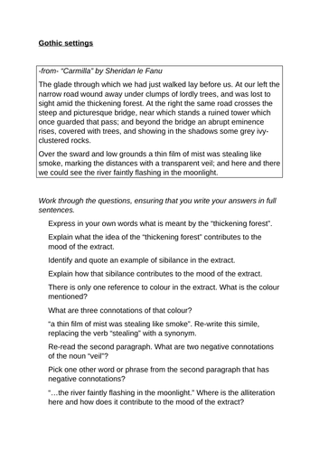KS3, CRR, Gothic, Setting, "Carmilla", Cover, HW, Close Guided Reading
