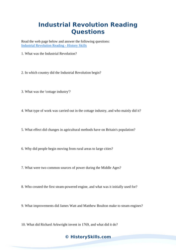Industrial Revolution Reading Questions Worksheet