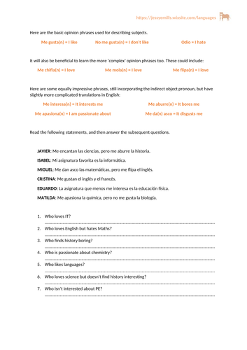 Spanish Writing - Subjects