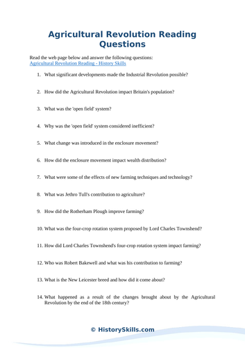 Agricultural Revolution Reading Questions Worksheet