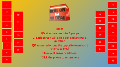 Educational Deal Or No Deal Game (TEMPLATE NO QUESTIONS INCLUDED)