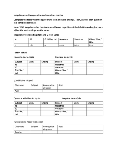 Irregular preterit conjugation and questions practice