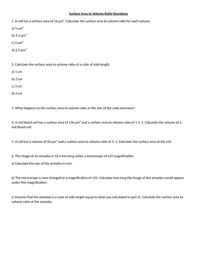 GCSE Surface Area to Volume Ratio Worksheet