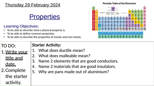 KS3 Chemistry Properties of Metals and Non-metals: Complete Lesson