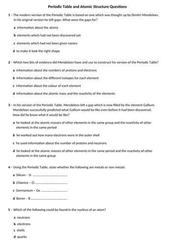 Periodic Table and Atomic Structure Multi Choice Quiz