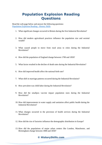 Population Explosion in the Industrial Reading Questions Worksheet