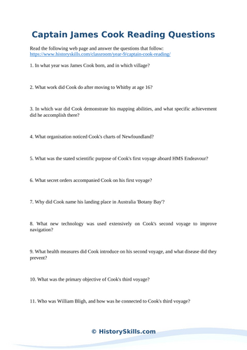 Captain James Cook Reading Questions Worksheet