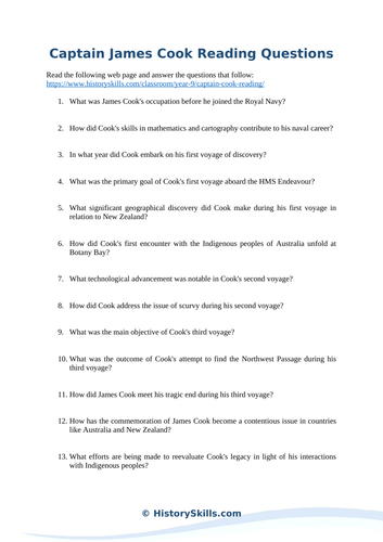 Captain James Cook Reading Questions Worksheet