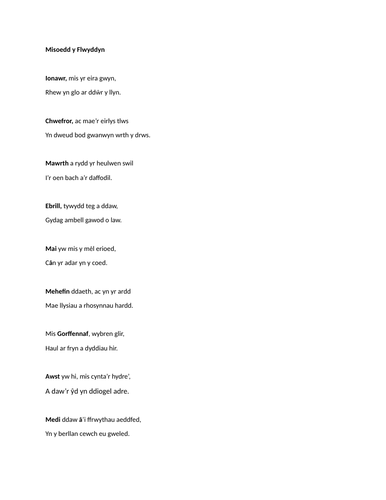 Cymraeg Iaith Gyntaf: Cerdd T. Llew Jones "Misoedd y Flwyddyn" Taflen Gwaith