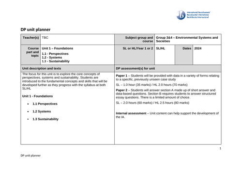 Environmental Systems and Societies (ESS) Unit Plan – Unit 1 Foundations. First Teaching 2024