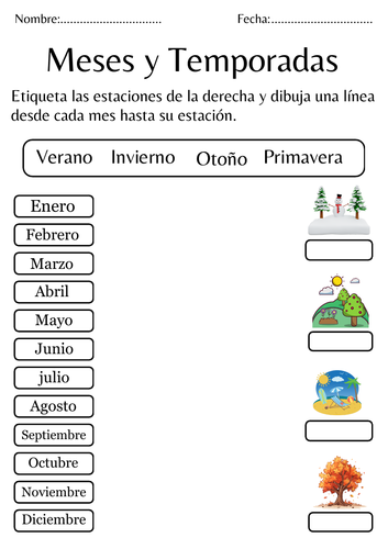 Meses y temporadas imprimibles - months and seasons in spanish worksheet