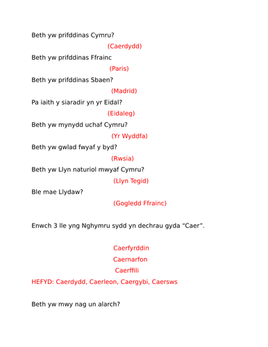 Cwis Diwedd Tymor BLWYDDYN 6 CYMRAEG IAITH GYNTAF