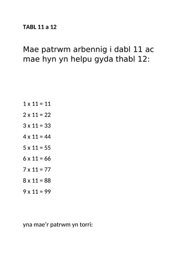 Mathemateg Blwyddyn 3 Cymraeg Iaith Gyntaf: Tabl 11 a 12