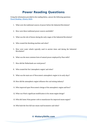 Steam Power in the Industrial Reading Questions Worksheet
