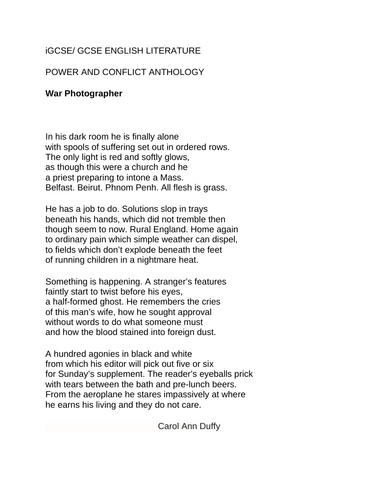 GCSE English Literature Poetry Anthology "War Photographer" Carol Ann Duffy
