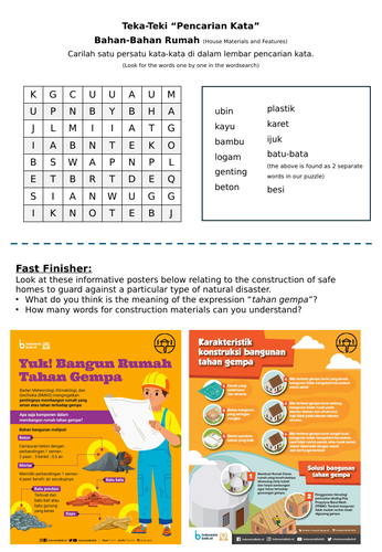 My Home Word Search & Solution "Terbuat Dari" Indonesian Ages 12 - 15 Materials to Build  a House