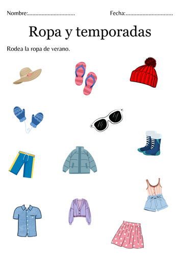 Ropa para diferentes temporadas - Clothes and seasons in spanish worksheet