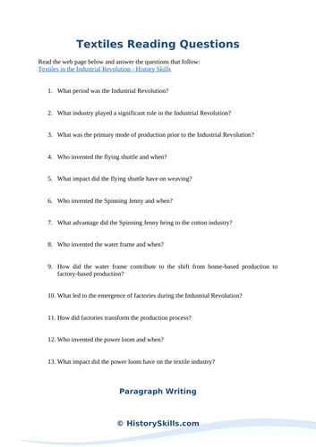 Textiles in the Industrial Revolution Reading Questions Worksheet