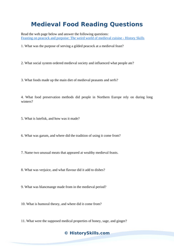 Medieval Food Reading Questions Worksheet