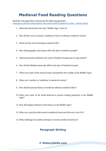 Medieval Food Reading Questions Worksheet