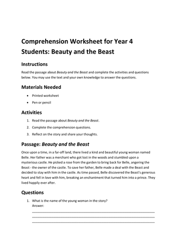 Comprehension Worksheet for Year 4 Students: Beauty and the Beast