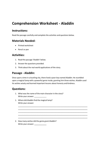 Comprehension Worksheet - Aladdin
