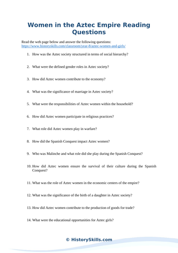 Women in the Aztec Empire Reading Questions Worksheet