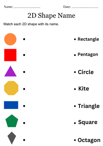 2d shape name matching worksheet for kindergarten