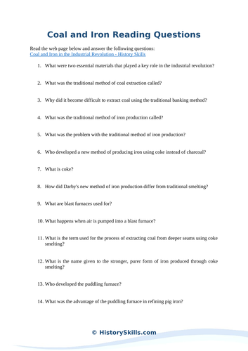 Coal and Iron in the Industrial Revolution Reading Questions Worksheet