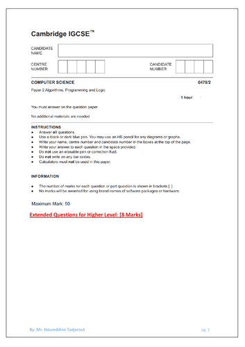 IGCSE Paper 2_Algorithms, Programming and Logic_Test 1_Questions and Answers 2024