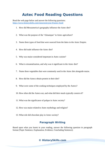 Aztec Food Reading Questions Worksheet