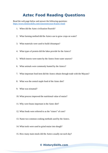 Aztec Food Reading Questions Worksheet