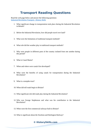 Transport during the Industrial Revolution Reading Questions
