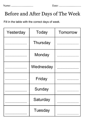 before and after days of the week worksheet for kindergarten