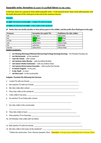 separable verbs fernsehen and radfahren