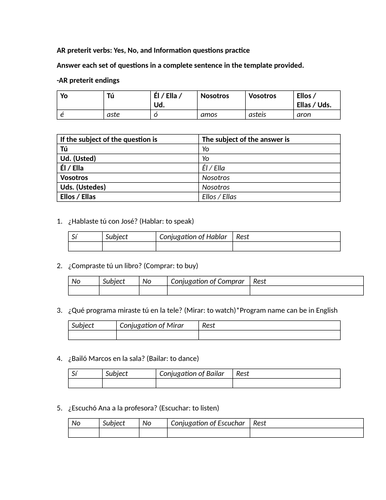 AR preterit verbs: Yes, No, and Information questions practice