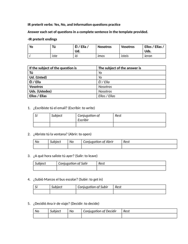IR preterit verbs: Yes, No, and Information questions practice