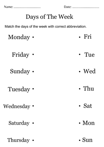 Abbreviations days of the week worksheet for kindergarten