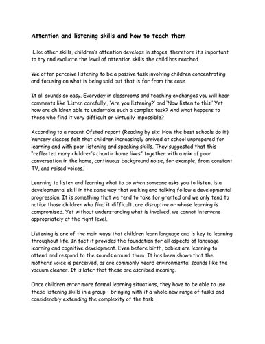 Developing attention and listening skills