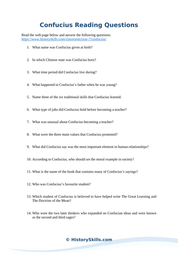 Confucius Reading Questions Worksheet