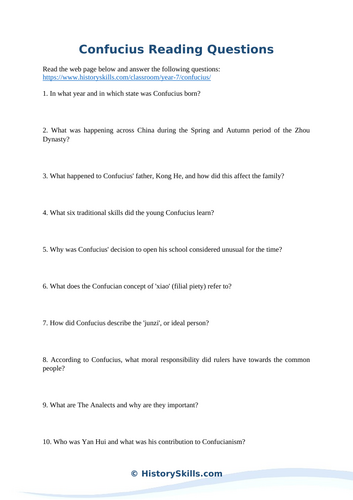 Confucius Reading Questions Worksheet