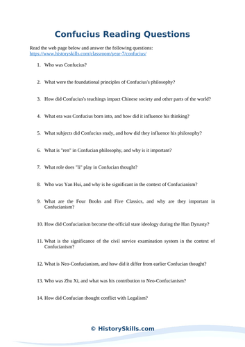 Confucius Reading Questions Worksheet