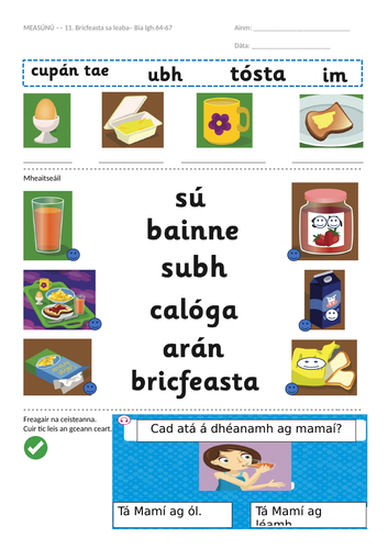 Gaeilge Irish Assessment Measúnú Abair Liom 1st Class Bricfeasta sa leaba - Bia