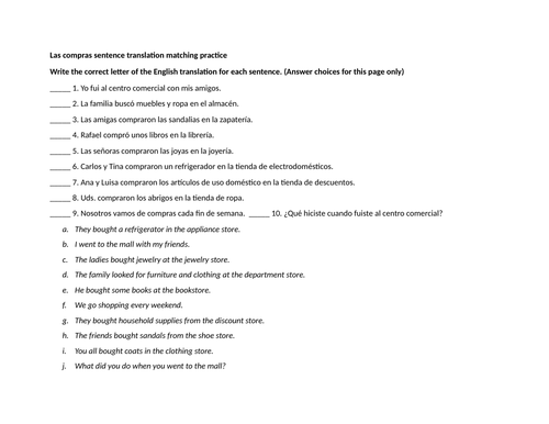 Las compras sentence translation matching practice